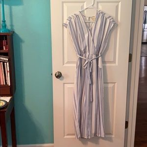 White and Blue Jumpsuit with adjustable waist tie